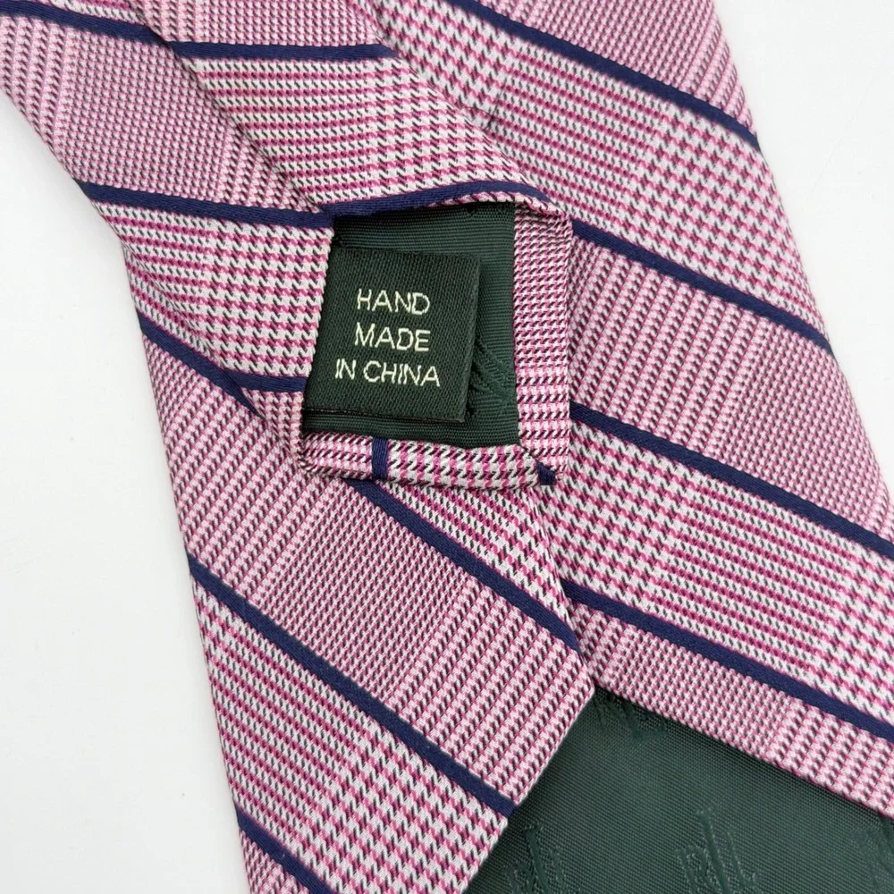 Lauren Ralph Lauren Mens Silk Tie Pink Navy Blue Plaid Striped Hand‎ Made